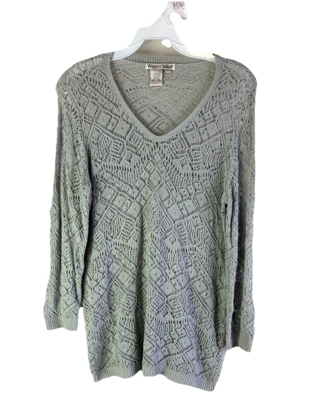 Vintage 90s Winter Silks Silk Crochet Knit Sweater Coastal Blue